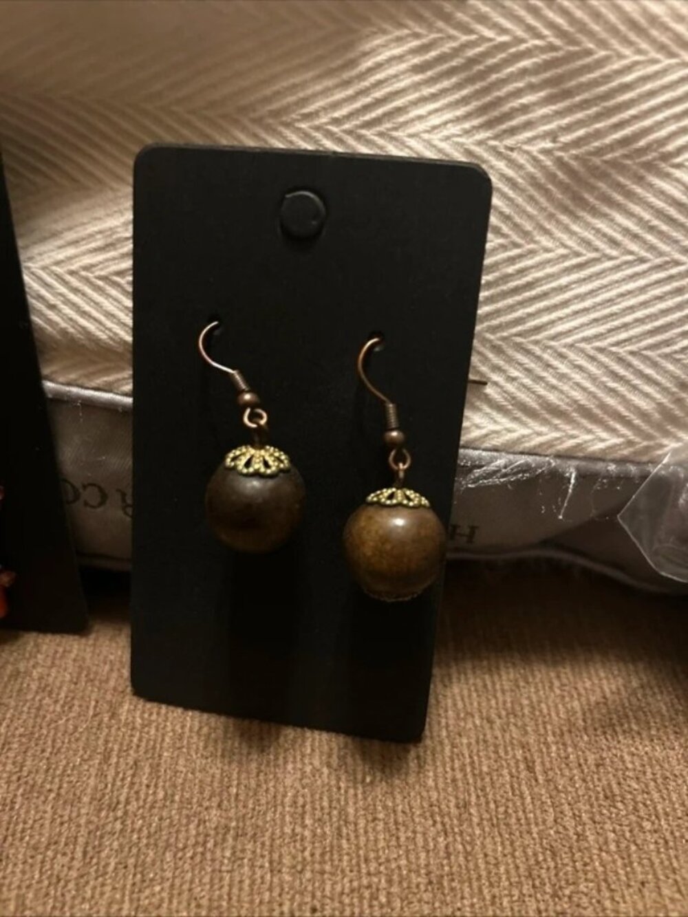 Wood bead dangle brown earrings